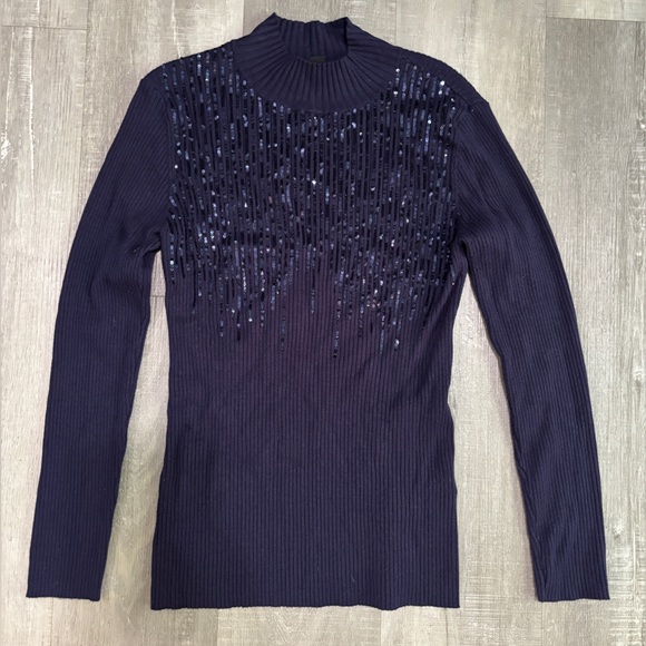INC International Concepts Sweaters - INC International Concepts Navy Ribbed Sequin-Front Mock Neck Sweater